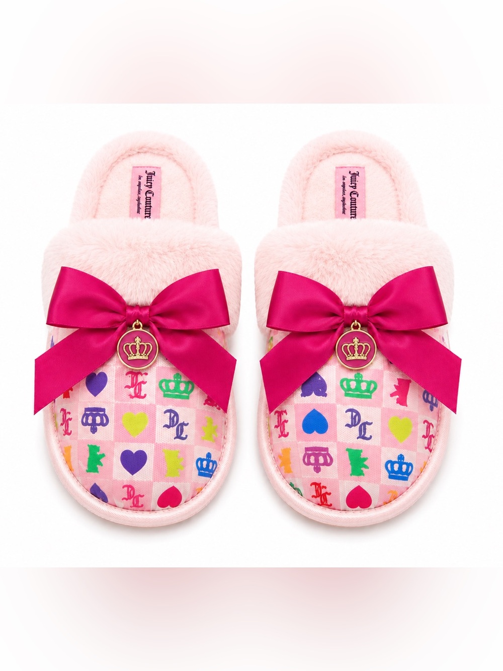 Juicy Couture Pink Multicolor Logo Plush Bow Slip-On Slippers